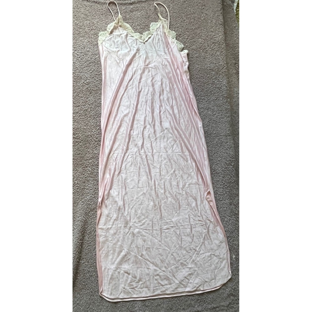 Pink Lace Trim Vintage Maxi Slip Dress Made in USA Size L RN 19800